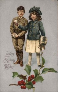 Christmas Young Boy and Girl Snowball Fight Lovely Art c1910 Vintage Postcard