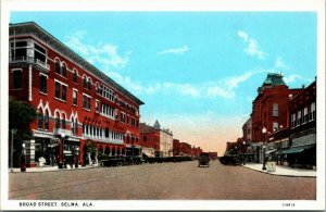 Postcard AL Selma Broad Street - Old Cars, Shops, Streetcar Tracks 1920s K1