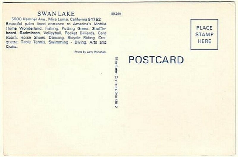 Clubhouse And Pool, Swan Lake Mobile Home Park, Mira Loma, CA, Vintage Postcard