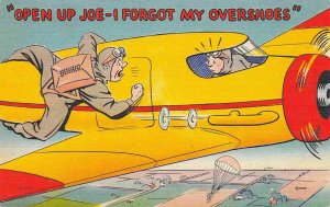 Parachutist Plane Open Up I Forgot My Overshoes Comic Humor linen postcard