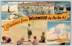 GREETINGS FROM WILDWOOD BY THE SEA*NEW JERSEY*NJ*1950's VINTAGE LINEN POSTCARD