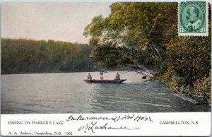 Postcard NB Campbellton Fishing on Parker's Lake Men & Woman in Canoe 1905 K43