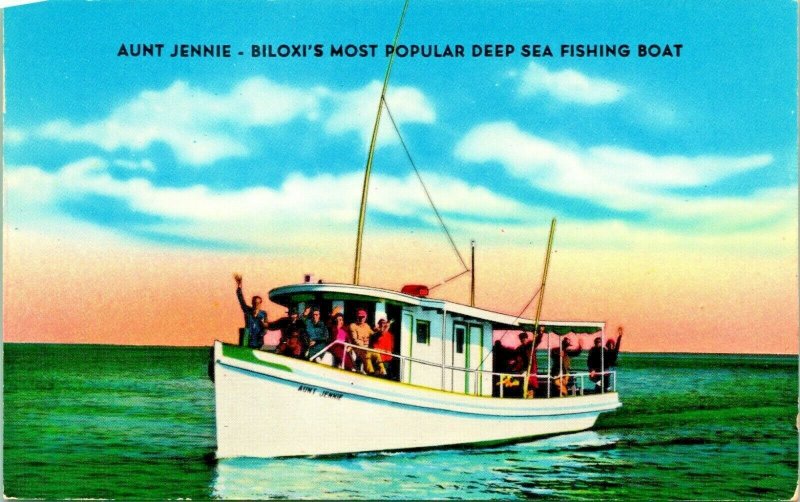 Aunt Jennie más Popular Mar Profundo Pesca Barco Biloxi Ms Unp Cromo Postal