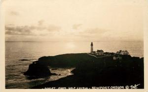RPPC Postcard Sunset from Golf Course, Newport OR Yaquina Head Lighthouse, Ball