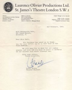 Laurence Olivier Personal Manager Hand Signed 1953 London Letter