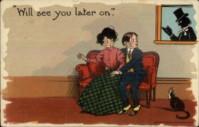 Couple on Couch Watched by Pastor Outside Window 1908 Clock Cancel Postcard