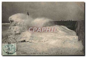 Old Postcard Dieppe The pier a storm Lighthouse Day