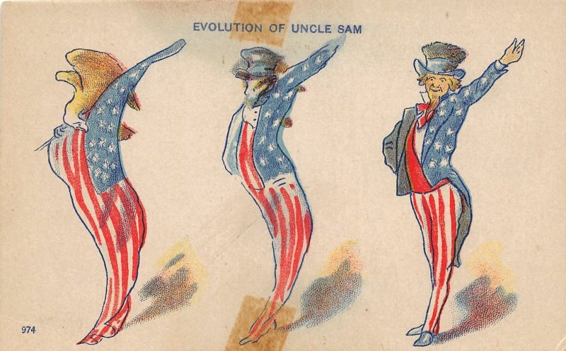 J17/ Uncle Sam Patriotic Postcard c1910 Evolution 3 Flag Eagle To Sam 180