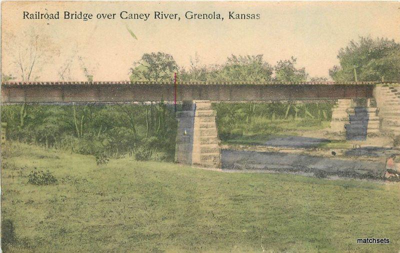1911 Railroad Bridge Caney River GRENOLA KANSAS hand Colored postcard
