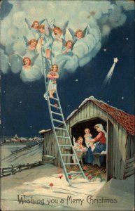 Christmas Nativity Angels Watch Over Mary and Jesus c1910 Vintage Postcard