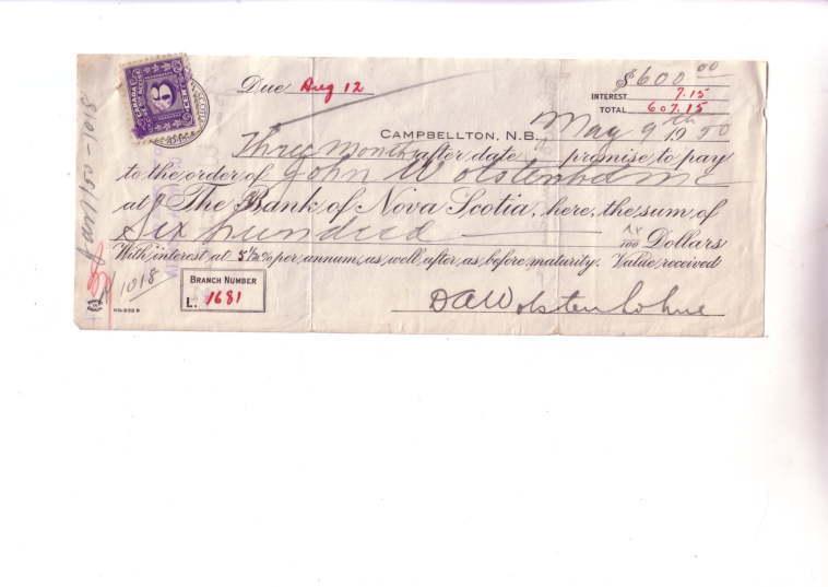 Bank of Nova Scotoia Cheque with Canadian Excise Stamp Campbellton 1950