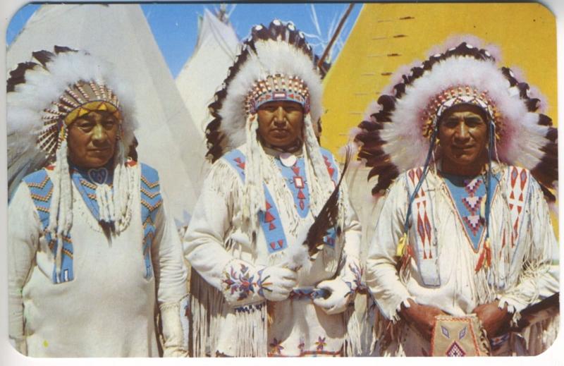 Three Indian Chiefs ~ Tribal Dress Regalia Native American Vintage Postcard