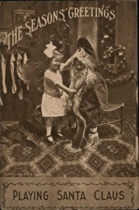 Christmas Children Pretend Play Dressup Like Santa Claus c1900s-10s Postcard