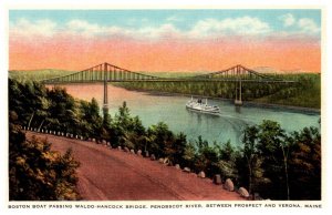Maine  Boston Boat passing Waldo Hancock Bridge, penobscot River , Prospect &...