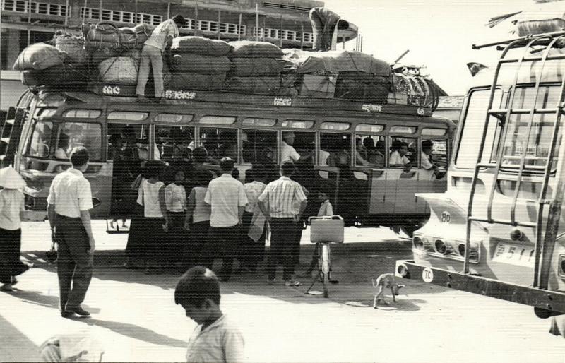 cambodia, KAMPONG THOM, Loading Bus with Luggage and People (1967) RPPC Postcard