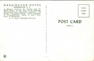 Harrington Hotel, Washington DC. Vintage Postcard AD ART VINTAGE