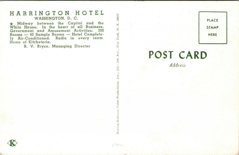 Harrington Hotel, Washington DC. Vintage Postcard AD ART VINTAGE