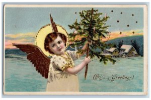 Parkers Prairie MN Postcard Christmas Greetings Angel Winter Gel Gold Gilt