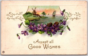 1920's Accept All Good Wishes Seascape Windmill Sailboat Posted Postcard