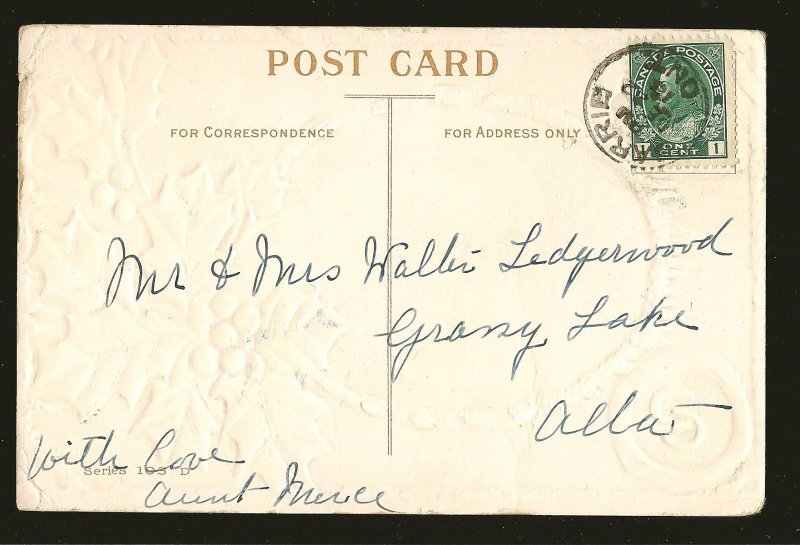 Postmarked 1912 Barrie Ont A Merry Christmas Embossed Color Postcard
