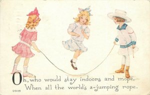 Postcard 1928 Jump rope children girls saying humor Owen artist 22-12843