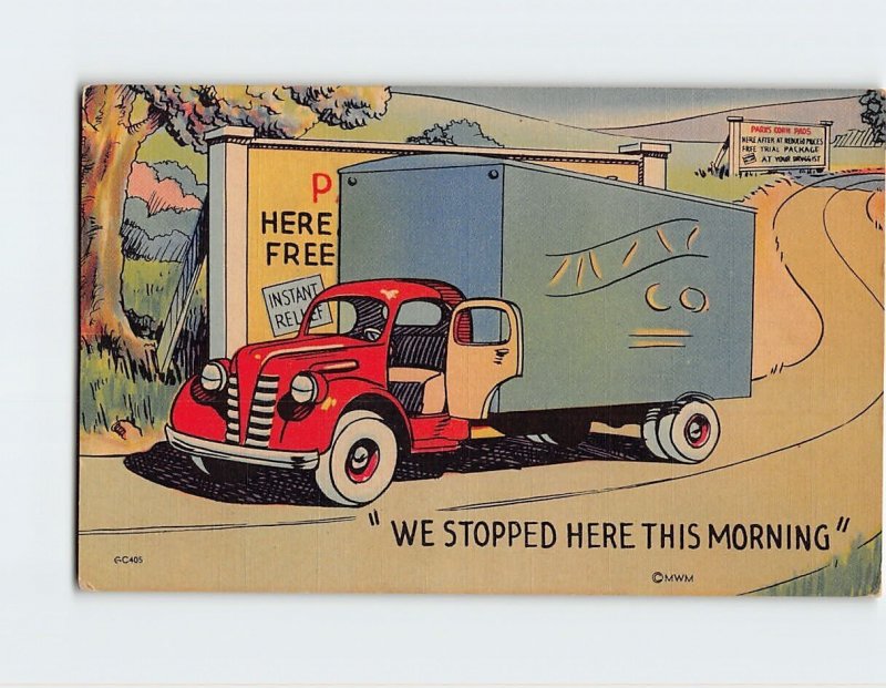 Postcard We Stopped Here This Morning with Truck Road Signs Comic Art Print