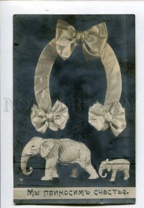 3075929 Happy ELEPHANT Figures w/ HORSE-SHOE Vintage RPPC