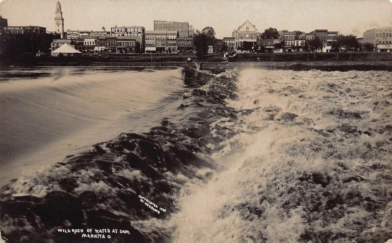 J80/ Marietta Ohio RPPC Postcard c1910 Wild Rush Water at Dam Stores 179