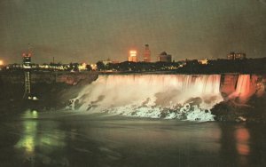 Postcard View Showing Nightly Illumination Falls & Tower Niagara Falls New York