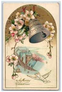 1910 Merry Christmas Dove Ringing Bell Flowers Gel Gold Gilt Embossed Postcard 