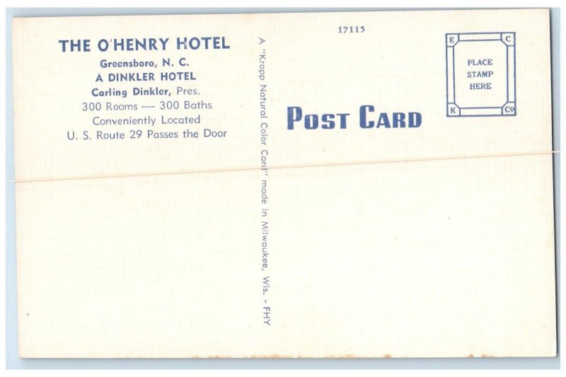 c1940 Exterior View O'Henry Hotel Greensboro North Carolina NC Vintage Postcard