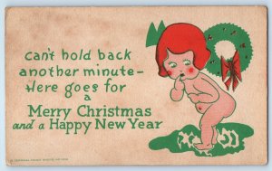 Christmas New Year Little Girl Undressed Can't Hold Back Another Minute Postcard