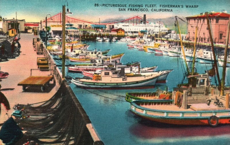 Vintage Postcard Fishing Fleet Boats Fisherman's Wharf San Francisco California