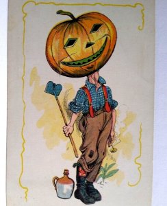 Halloween Postcard Fantasy Farmer Goblin Man Pumpkin Head Anthropomorphic 1907