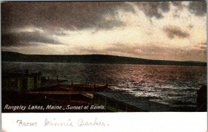 Sunset at Bemis Rangeley Lakes Maine Docks Piers Mountains UDB Postcard JH13