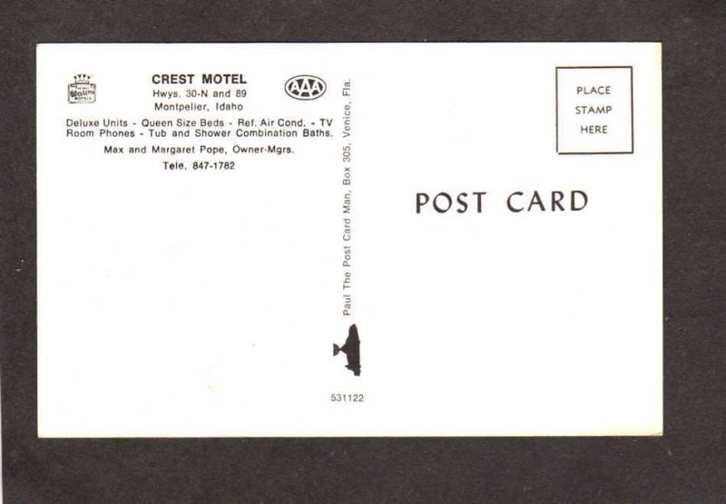 ID Crest Motel Montpelier Idaho Max Margaret Pope Owners Postcard