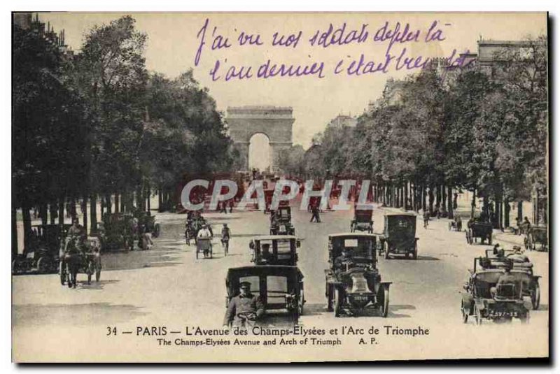 Postcard Old Paris's Champs Elysees and the Arc de Triomphe