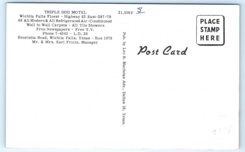 WICHITA FALLS, Texas TX ~ Roadside TRIPLE DDD MOTEL c1950s Earl Fruits Postcard