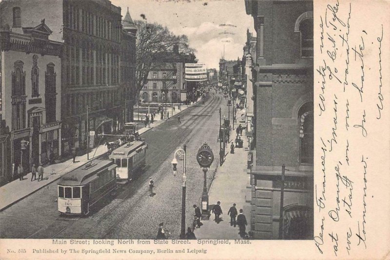 MAIN STREET NORTH FROM STATE STREET SPRINGFIELD MASSACHUSETTS POSTCARD 1906