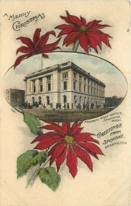 Hand-Colored Postcard; Spokane WA Christmas Greetings Post Office Wesley Andrews