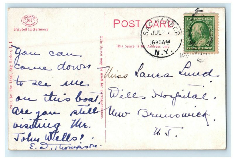1911 Arrival Steamer Shinnecock Sag Harbor Long Island New York NY Postcard
