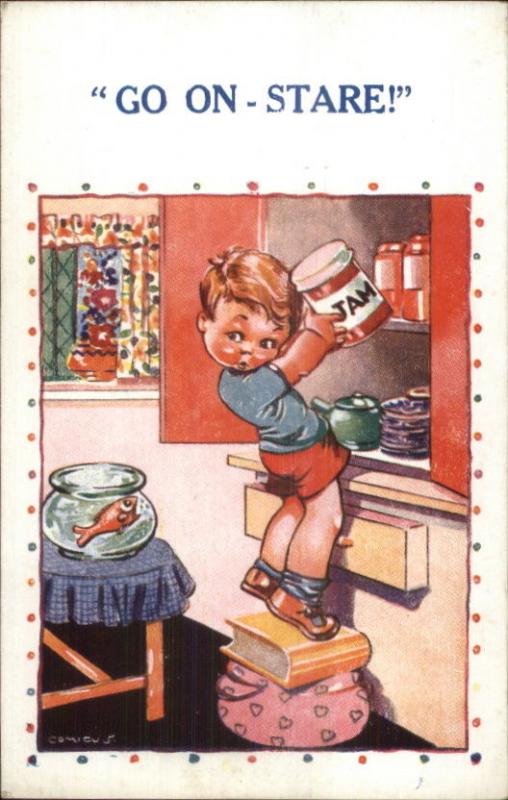 Comicus - Little Boy Getting Jelly From Cupboard c1915 Postcard GOLDFISH