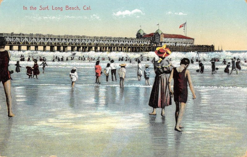 In the Surf LONG BEACH, CA Beach & Pier 1911 Vintage Postcard