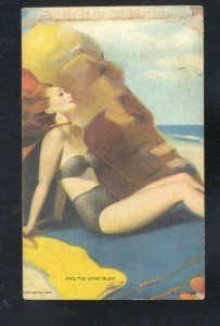 VINTAGE MUTOSCOPE CARD RISQUE PINUP MODEL GIRL SWIMSUIT AND THE WIND BLEW