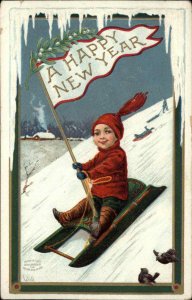 Wall New Year Little Boy on Sled Flying Flag c1910 Vintage Postcard