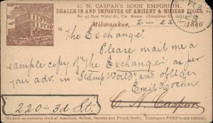 Milwaukee WI CN Caspar Book Emporium 1886 Postal Card 