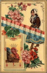 Thanksgiving Pilgrim Woman Turkey with Crown Embossed c1910 Vintage Postcard