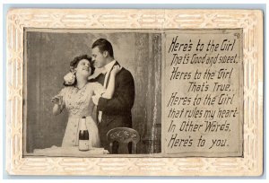 Romance Postcard Sweet Couple Drinking Champagne Message c1910's Posted Antique