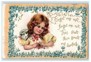 1911 Valentine Pretty Girl Red Ribbon Cat Pansy Flowers Embossed Postcard 