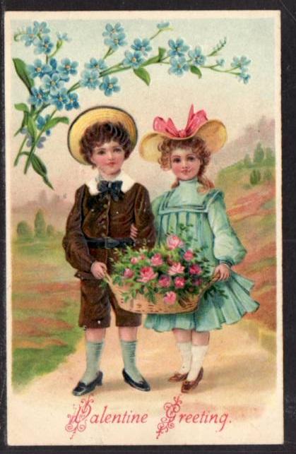 Valentine Greeting Children Flowers Postcard 5955